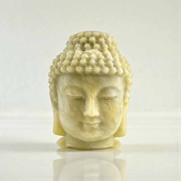 Polished jade crystal Buddha head statue statement piece for meditation space. available at zen collection Canadian metaphysical store near me Barrie