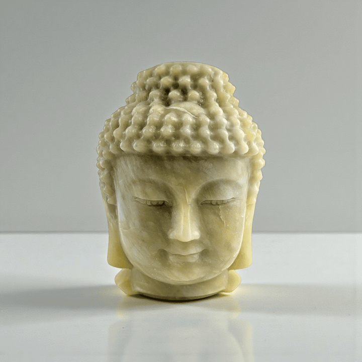 Polished jade crystal Buddha head statue statement piece for meditation space. available at zen collection Canadian metaphysical store near me Barrie