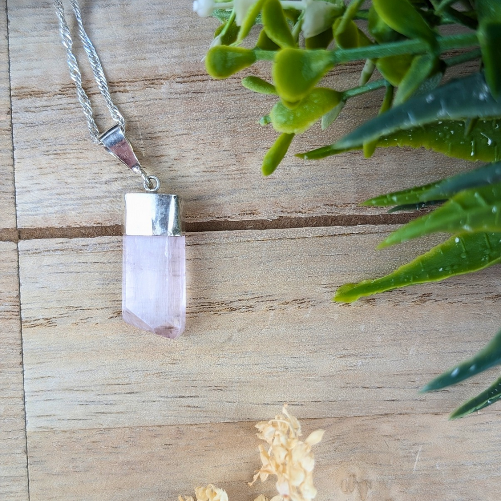 Raw kunzite pendant necklace with 17-inch chain