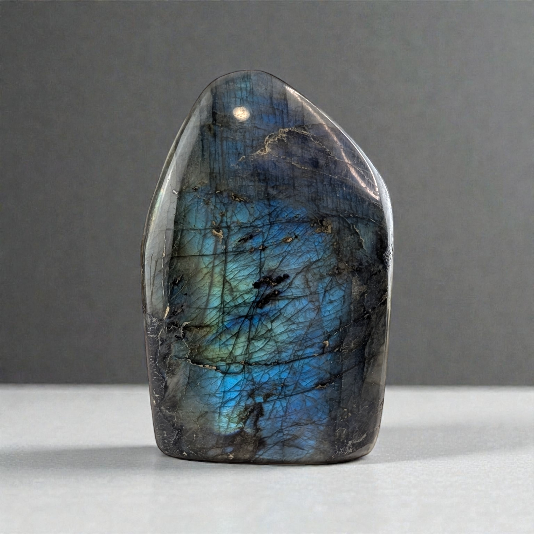 Labradorite stone with blue and green patterns on a gray background available at Zen Collection Metaphysical Store in Barrie. Shop In-store or Online Now 