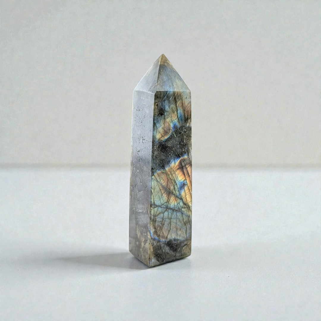 Close-up of Labradorite Tower highlighting iridescent colors.