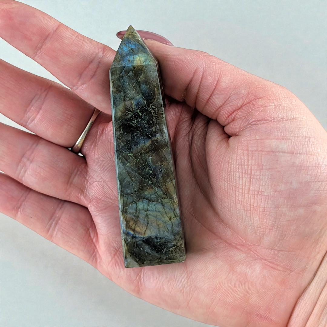 Labradorite Tower showcasing deep blue and green hues.
