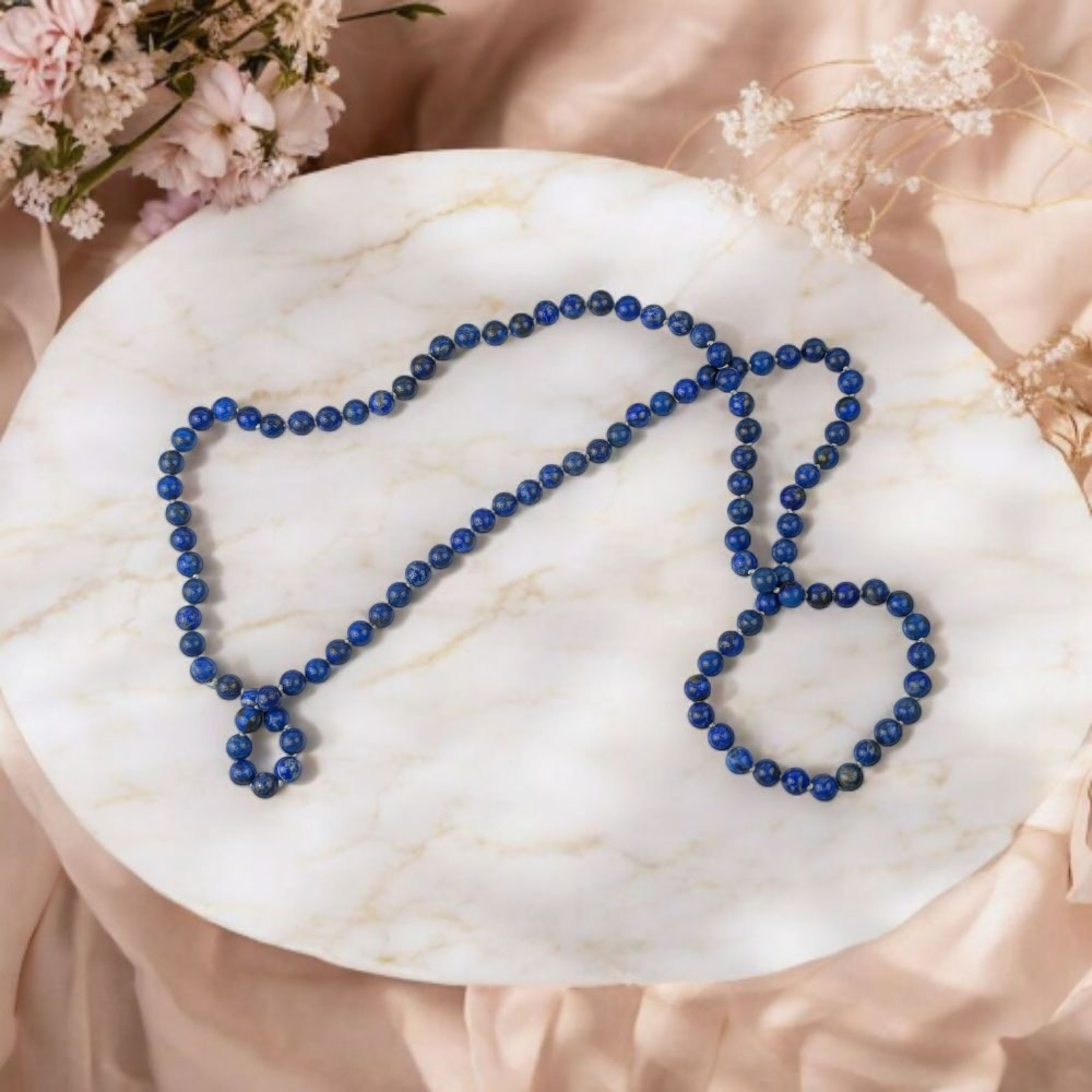 Genuine Lapis Lazuli mala beads for throat and third eye chakra. Shop in-store or online now with Zen Collection Canadian crystal store