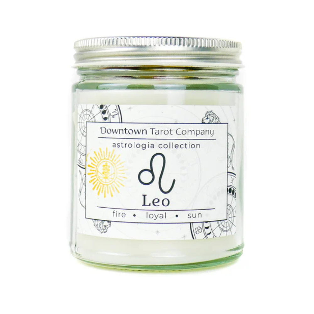 Leo’s Candle featuring Dragon’s Blood scent and confidence-boosting crystals.