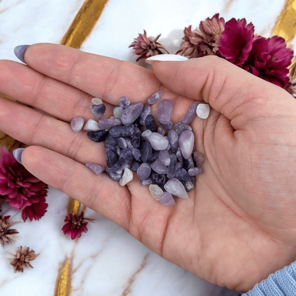 Hand holding small lepidolite crystals with flowers in the background