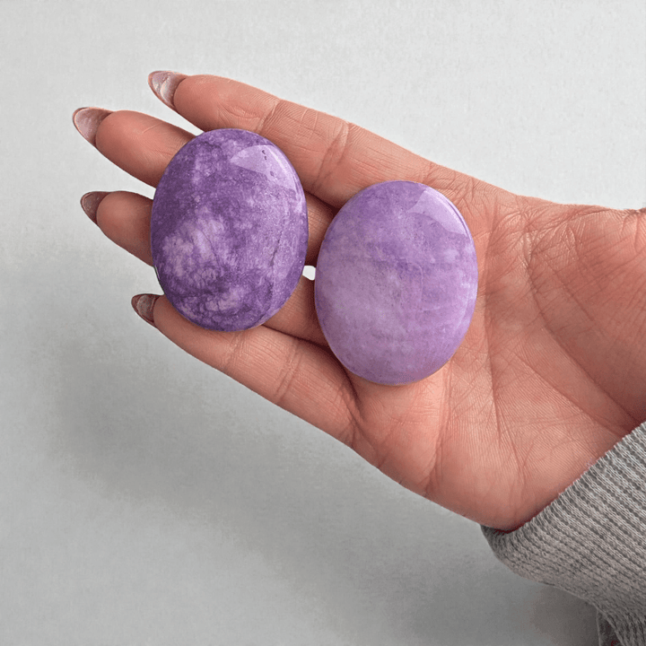 Polished lepidolite crystal palmstone for emotional regulation available at Zen Collection Metaphysical Store in Barrie Ontario Canada 