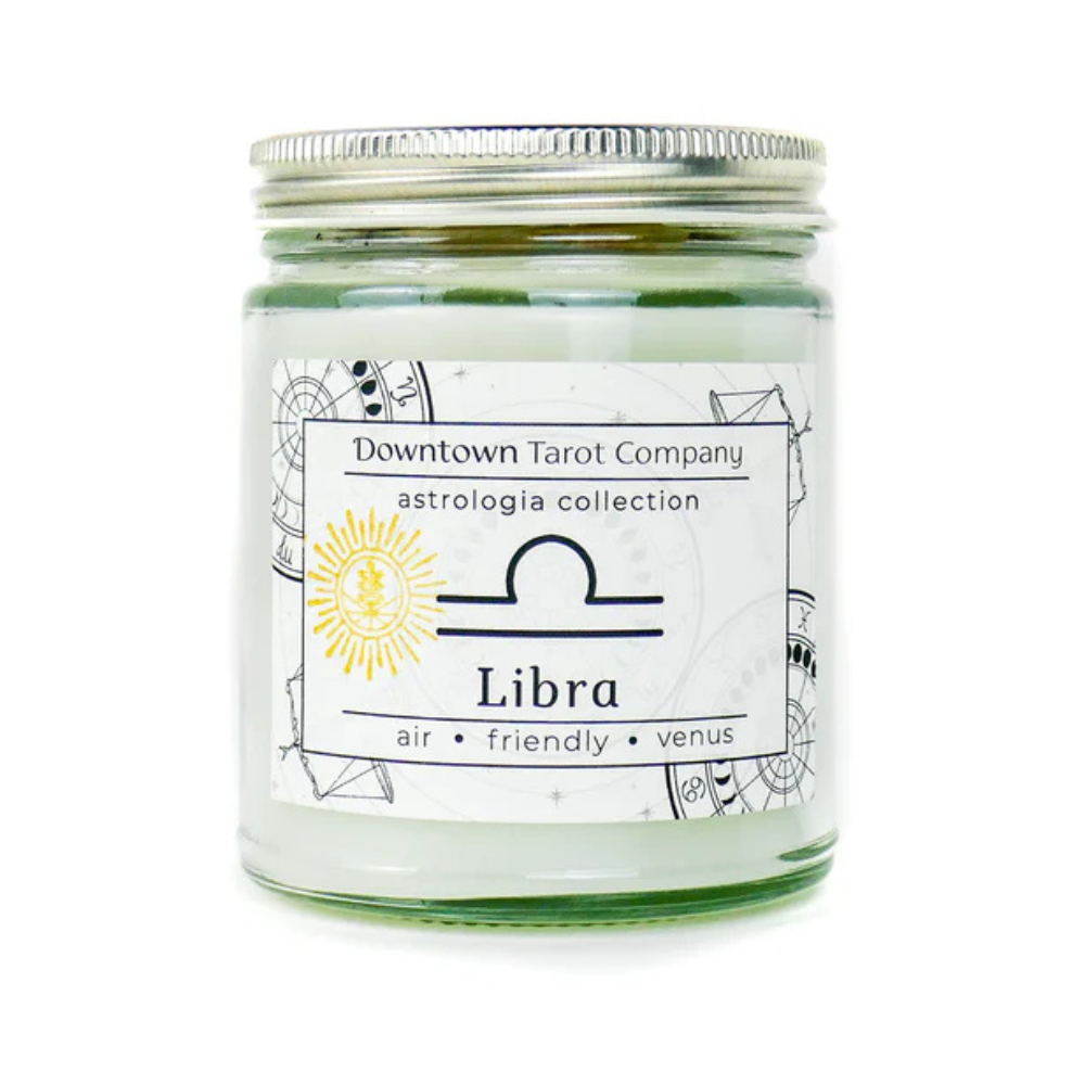 Libra zodiac candle featuring clear quartz and citrine crystals.