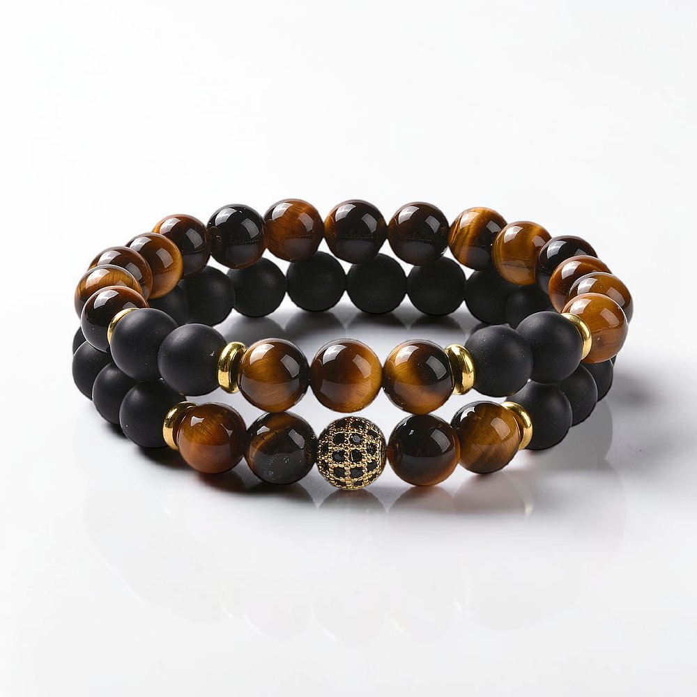 Men's set of 2 natural mixed stone and brass stretch crystal bracelets, 2-1/8 inch inner diameter