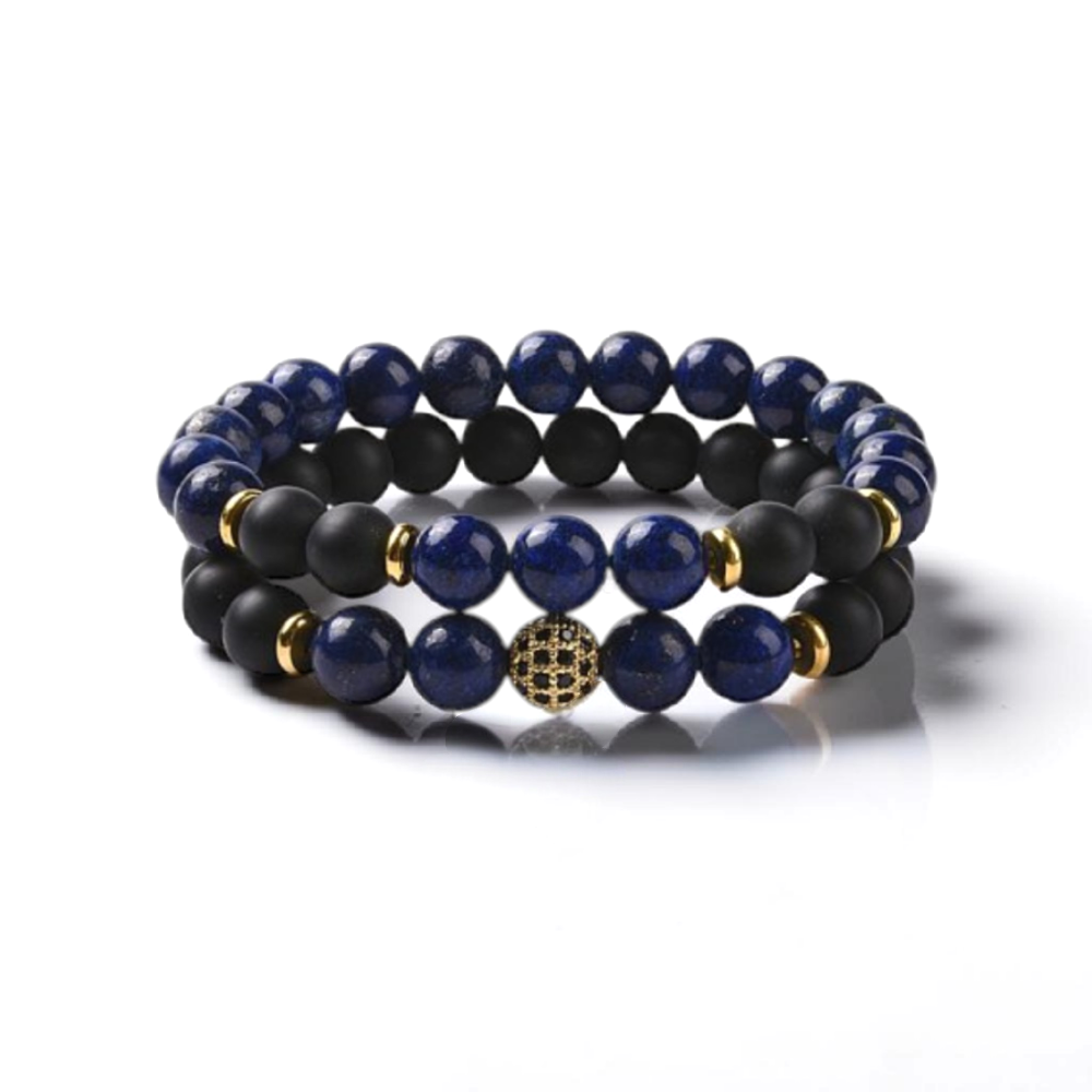 Men's set of 2 natural mixed stone and brass stretch crystal bracelets, 2-1/8 inch inner diameter