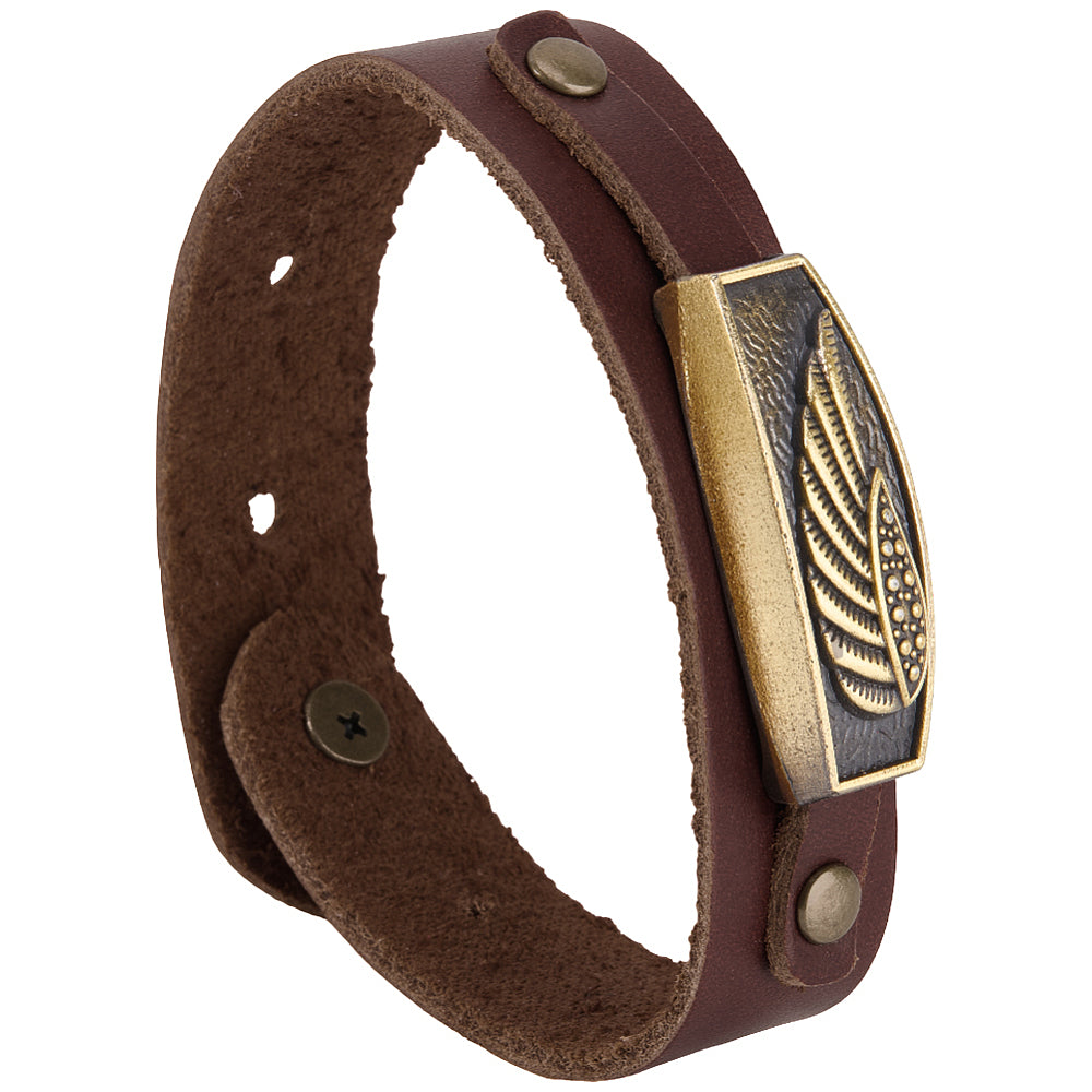 Men's sandy brown cowhide leather wristband with wing alloy accent and alloy clasp available at Zen Collection Jewelry Store Canada