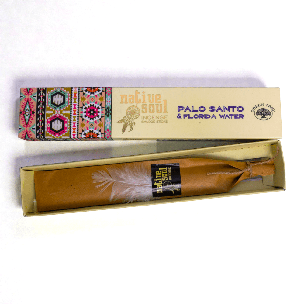 Palo Santo & Florida Water incense stick packaging with colorful label and Native Soul branding. Available at Zen Collection Metaphysical Store in Barrie. Shop In-store or Online Now 