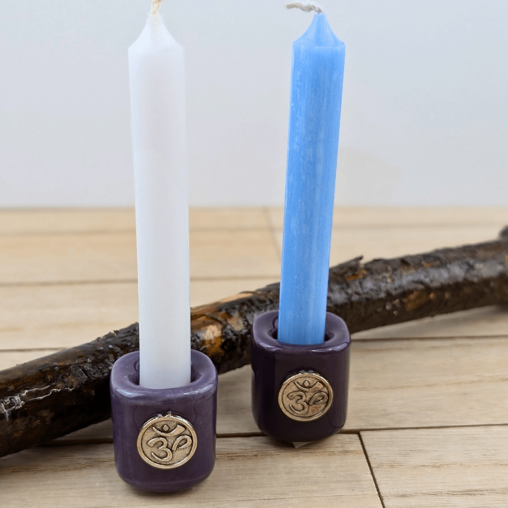 Candle holder with Om symbol in deep purple ceramic