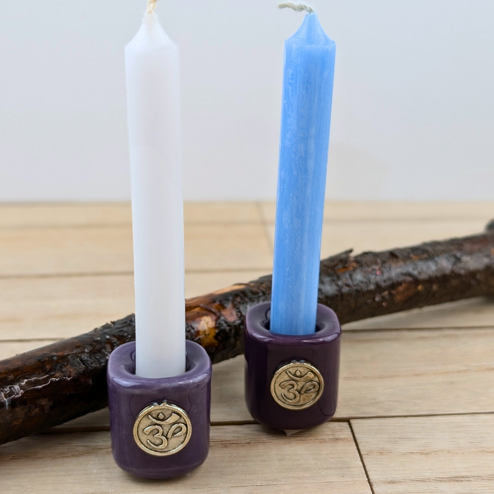 Candle holder with Om symbol in deep purple ceramic