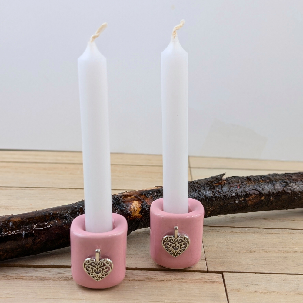 Ceramic candle holder with heart charm for love and healing