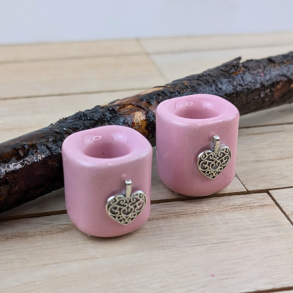 Mini chime candle holder in pink with intricate heart design