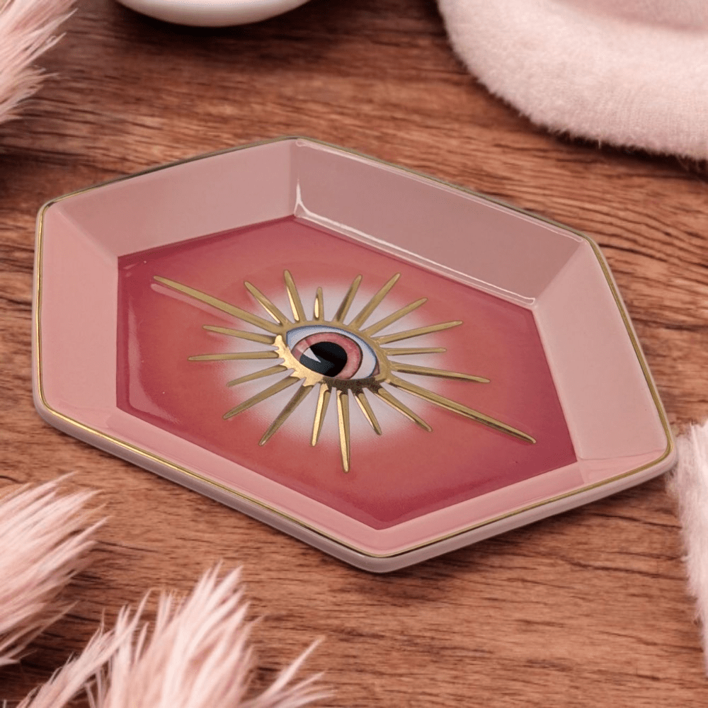 Pink evil eye ceramic dish from Zen Collection