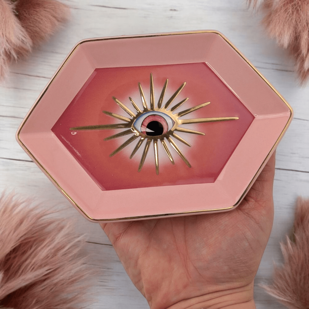 Light coral ceramic hexagon tray for jewelry