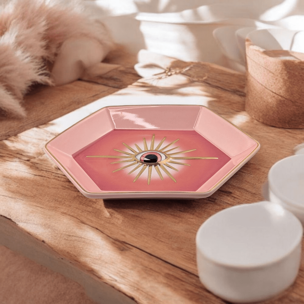 Hexagon porcelain jewelry tray with eye design