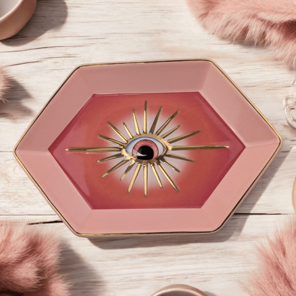 Jewelry storage tray with protective eye symbol