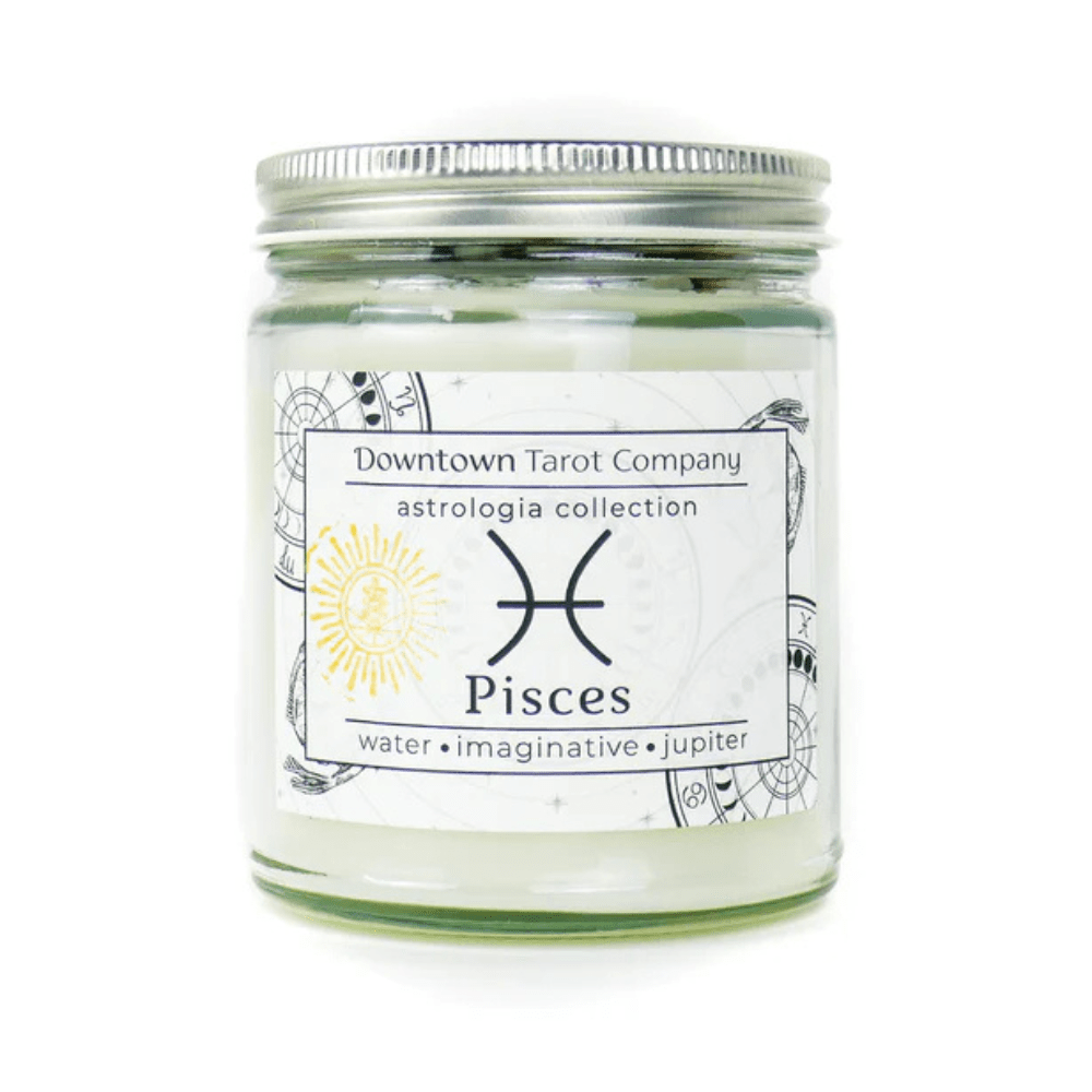 Pisces zodiac candle with blue quartz and moonstone crystals