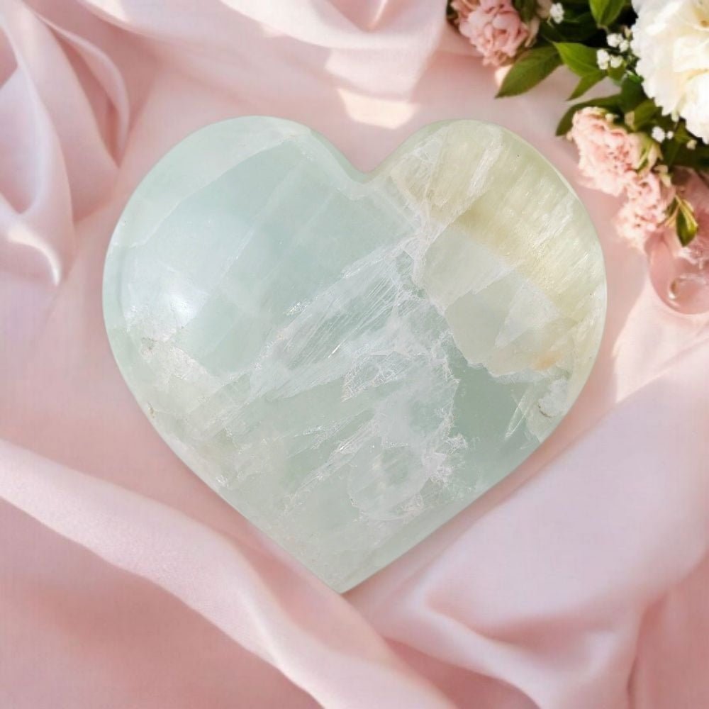Pistachio Calcite Heart crystal for forgiveness