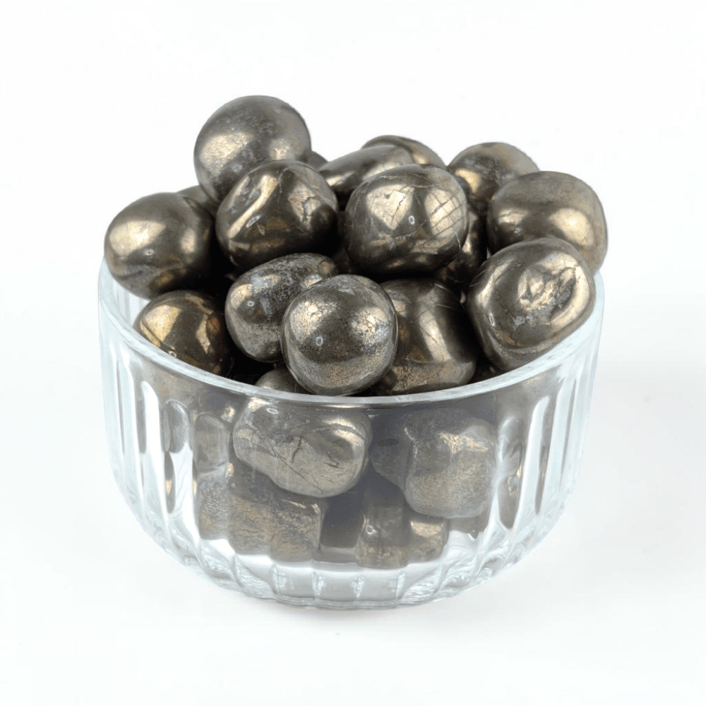 Pyrite tumbled stone with raw metallic luster