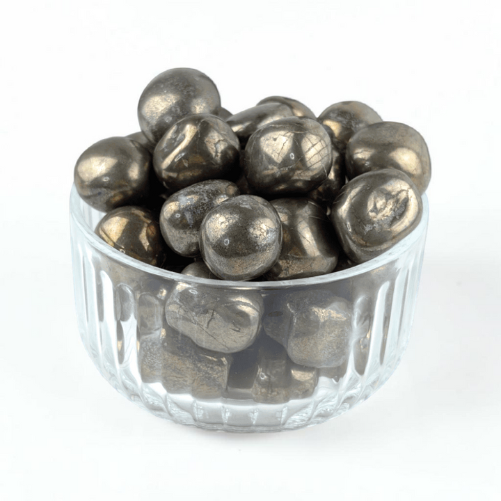 Pyrite tumbled stone with raw metallic luster
