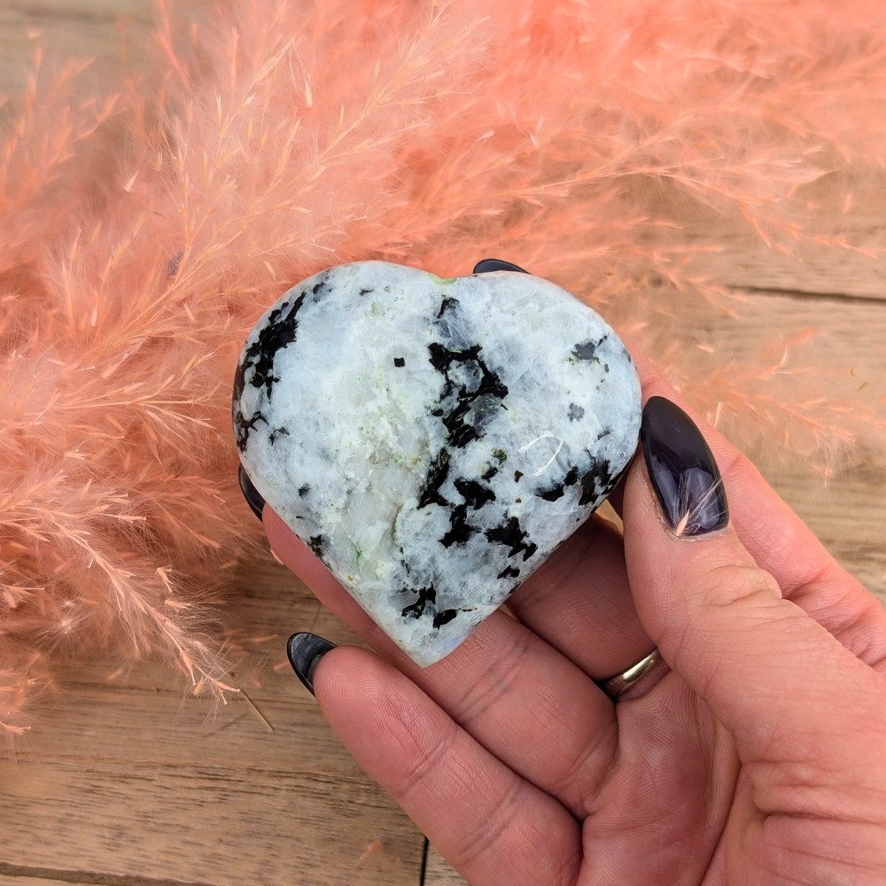 Polished Rainbow Moonstone Heart showing natural inclusions