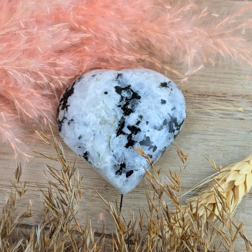 Close-up of Rainbow Moonstone Heart with shimmering details