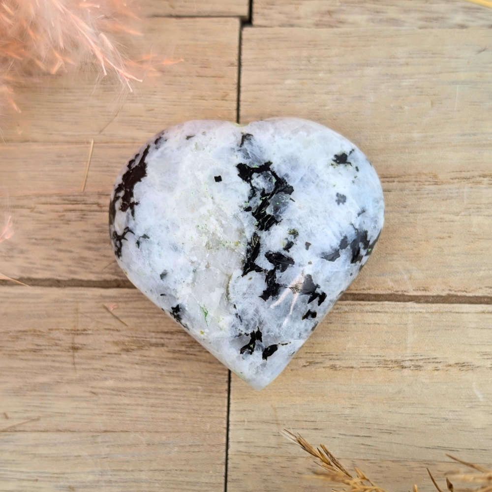 Moonstone Crystal Heart paired with rose quartz for healing