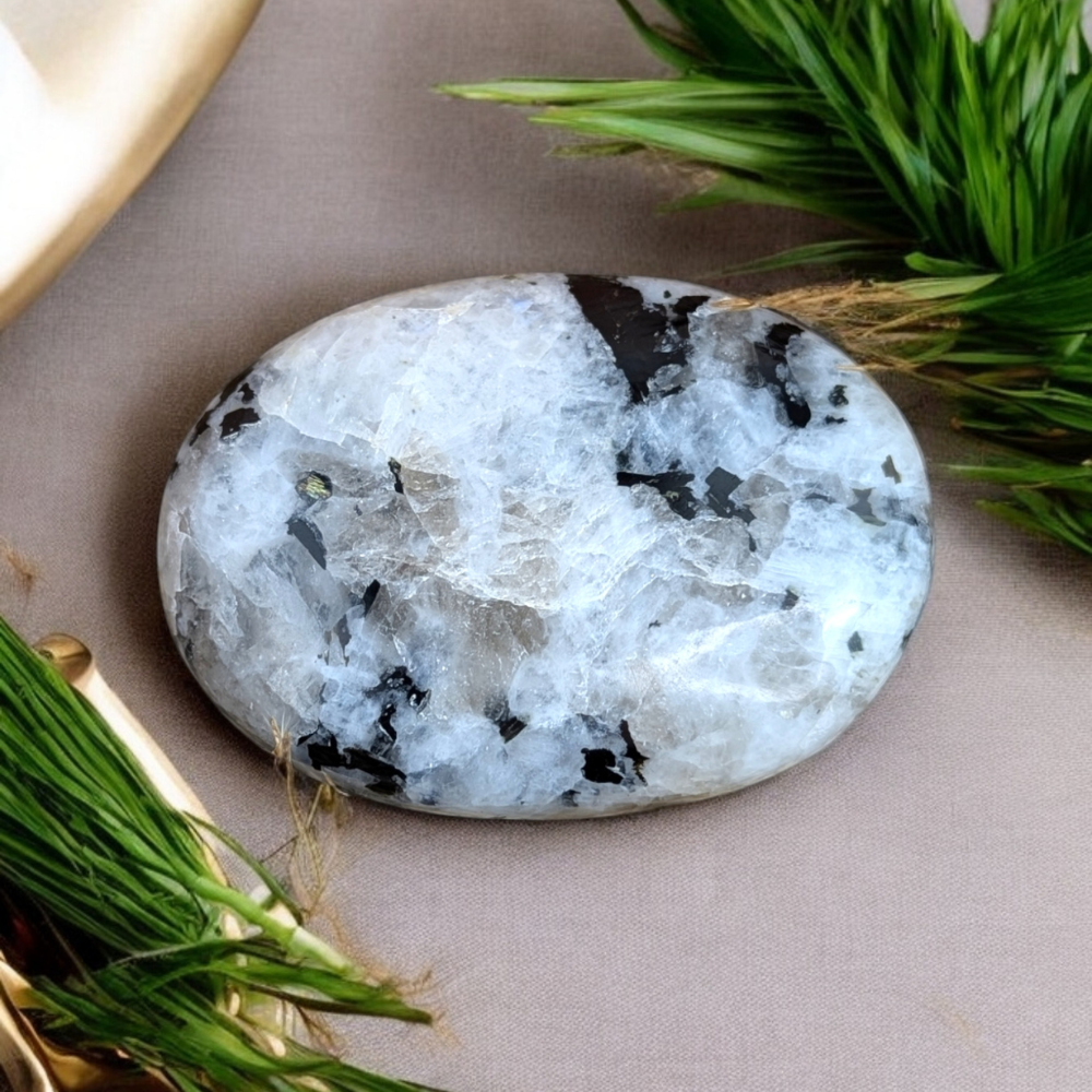 Natural Rainbow Moonstone Palm Stone reflecting lunar energy.