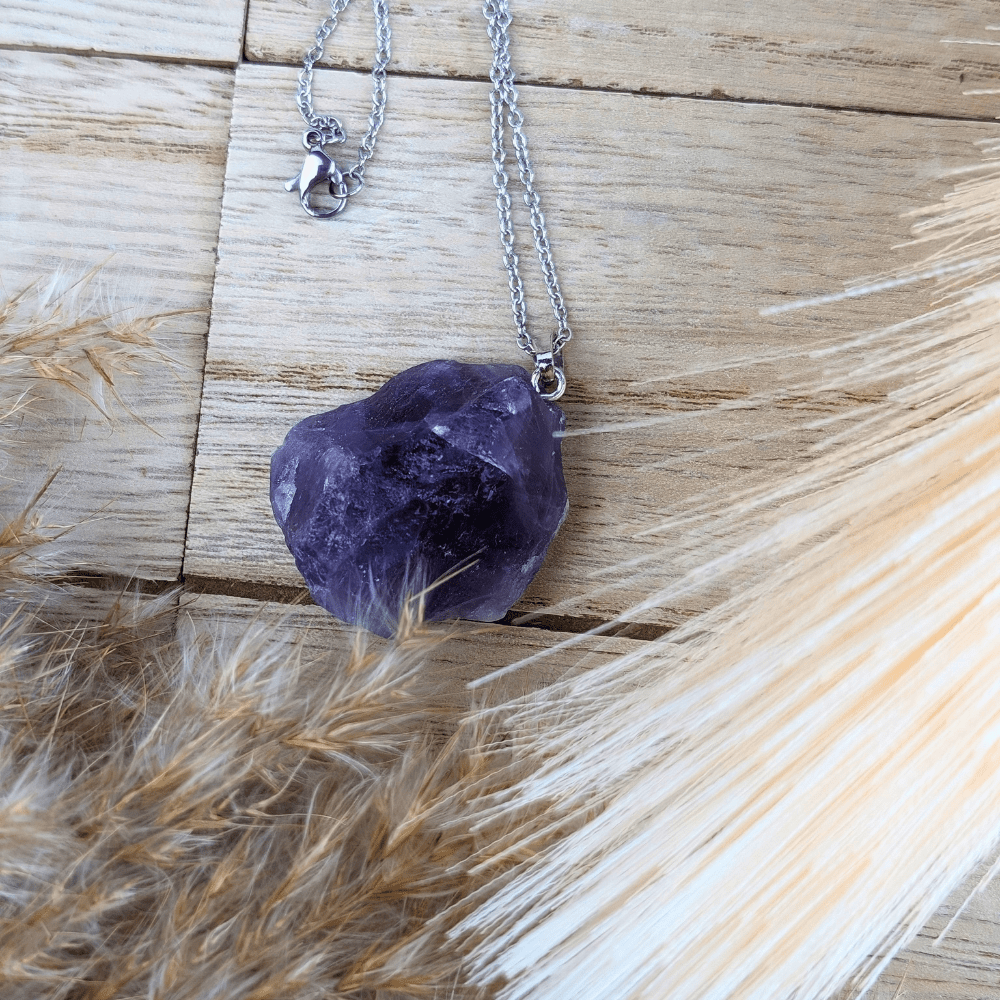 Raw Amethyst Necklace featuring a natural purple stone