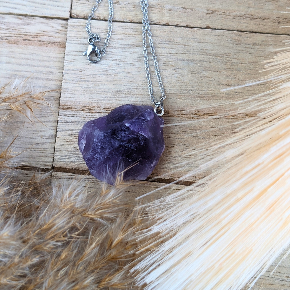 Raw Amethyst Necklace featuring a natural purple stone