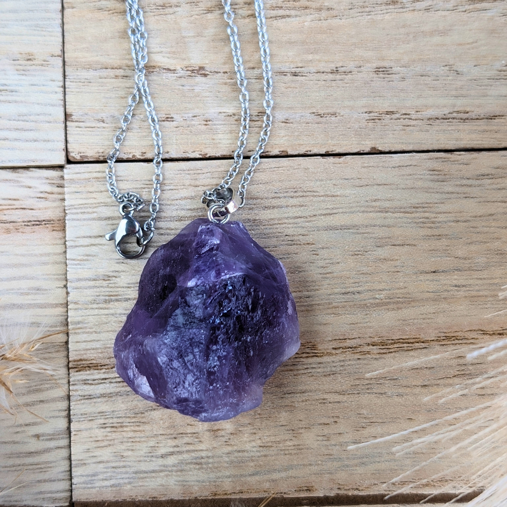 Close-up of Raw Amethyst Necklace showcasing unique stone shape