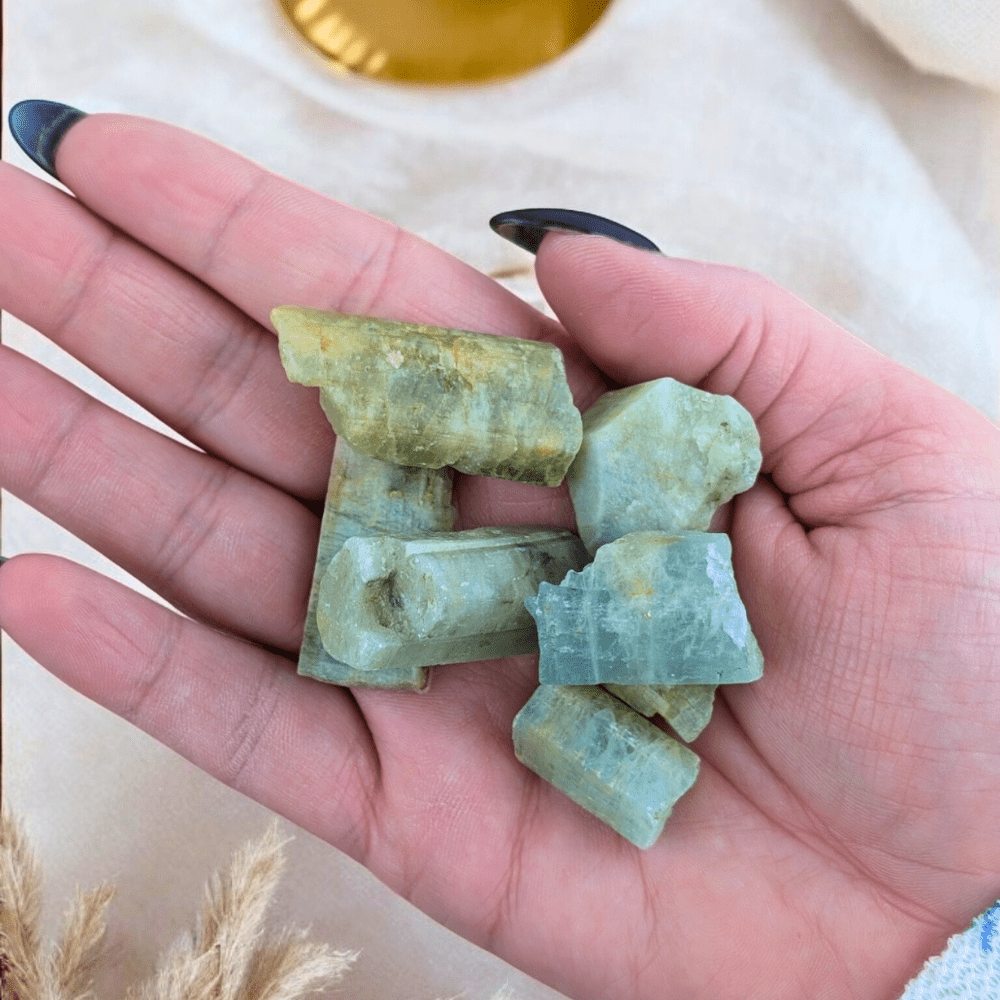 Ethically sourced blue-green stones with unique inclusions.