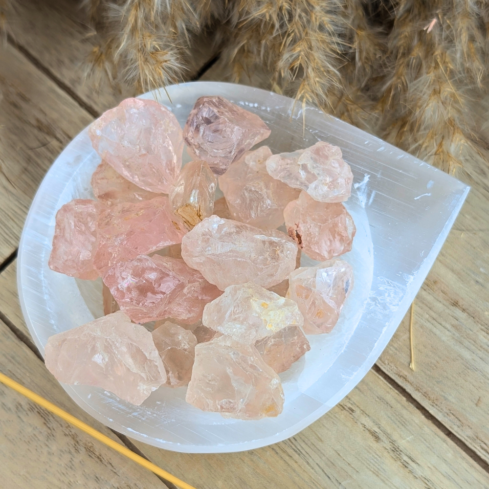 Rose quartz crystal pieces for enhancing emotional balance and harmony