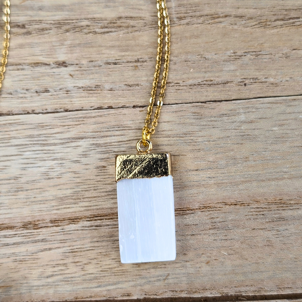 Gold chain raw selenite crystal pendant