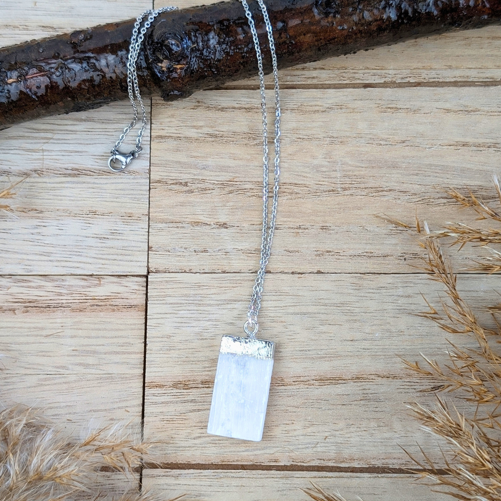 Raw selenite necklace on a silver chain