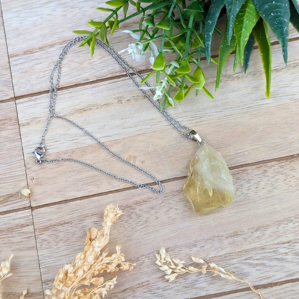 Raw Lemon Quartz Necklace with 17-inch chain for positive energy