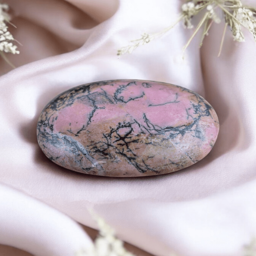 Waxing crescent and waning gibbous moon crystal Rhodonite