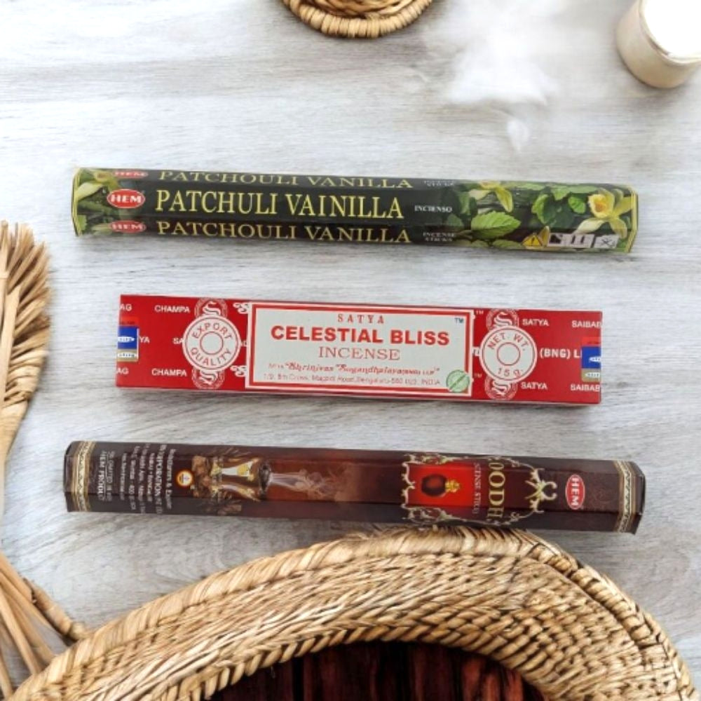 Root Chakra Incense Set – Celestial Bliss, Oodh & Patchouli Vanilla for Grounding & Stability