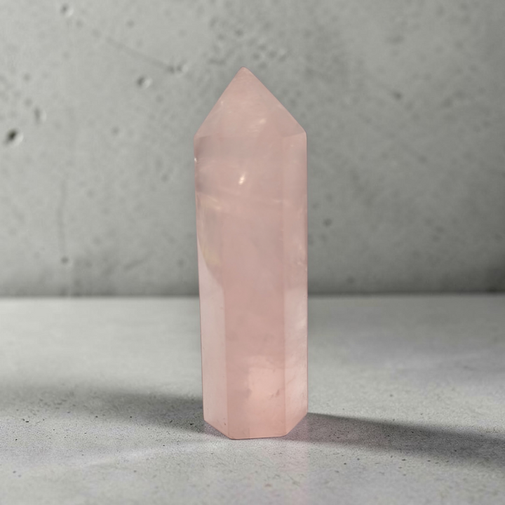 Rose quartz obelisk for self-healing and compassion practices.