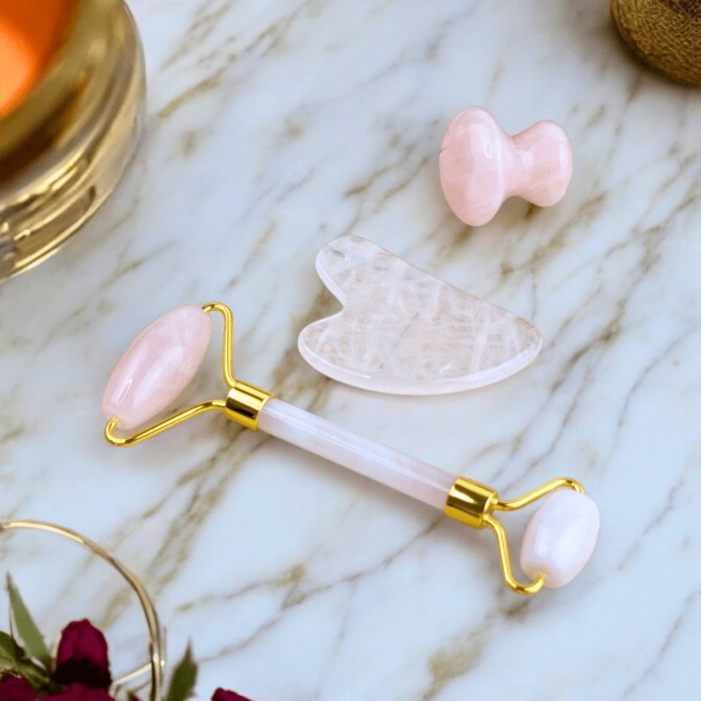 Rose Quartz Crystal Set displayed on a marble surface.