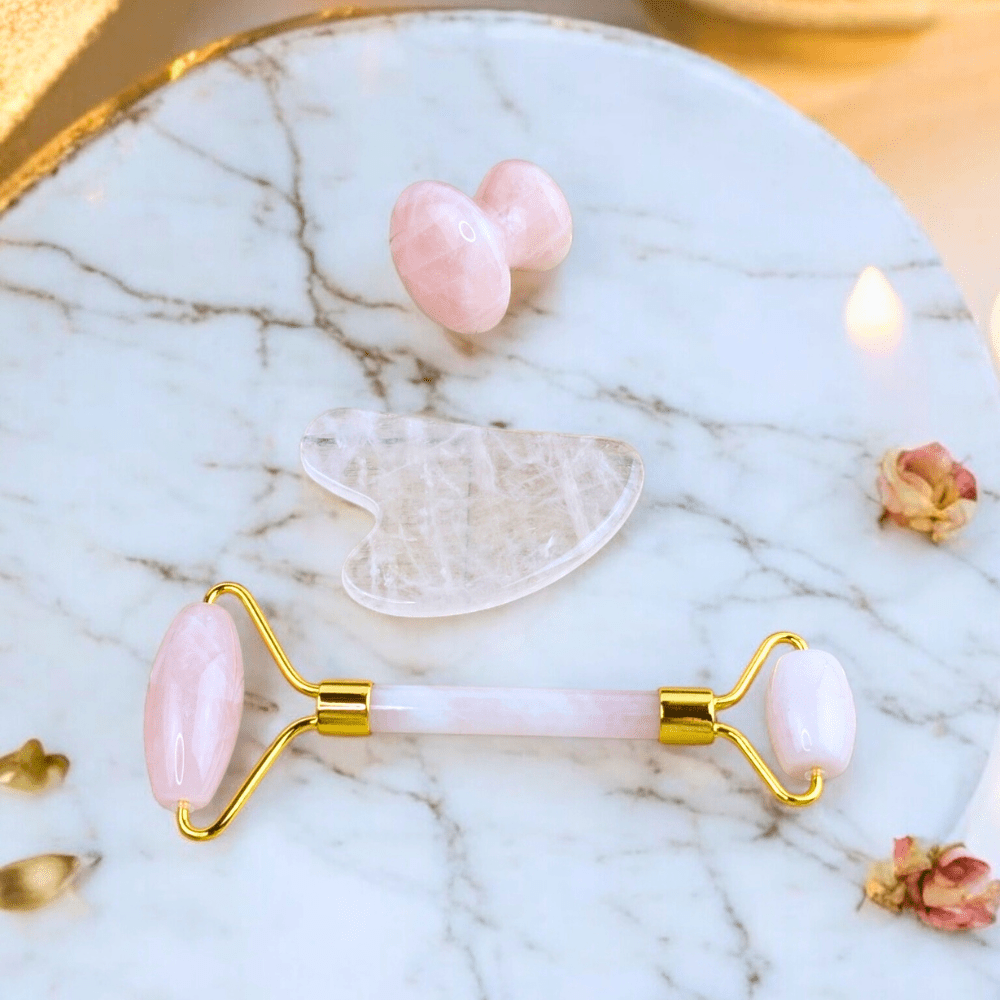 Holistic beauty and wellness set featuring rose quartz.