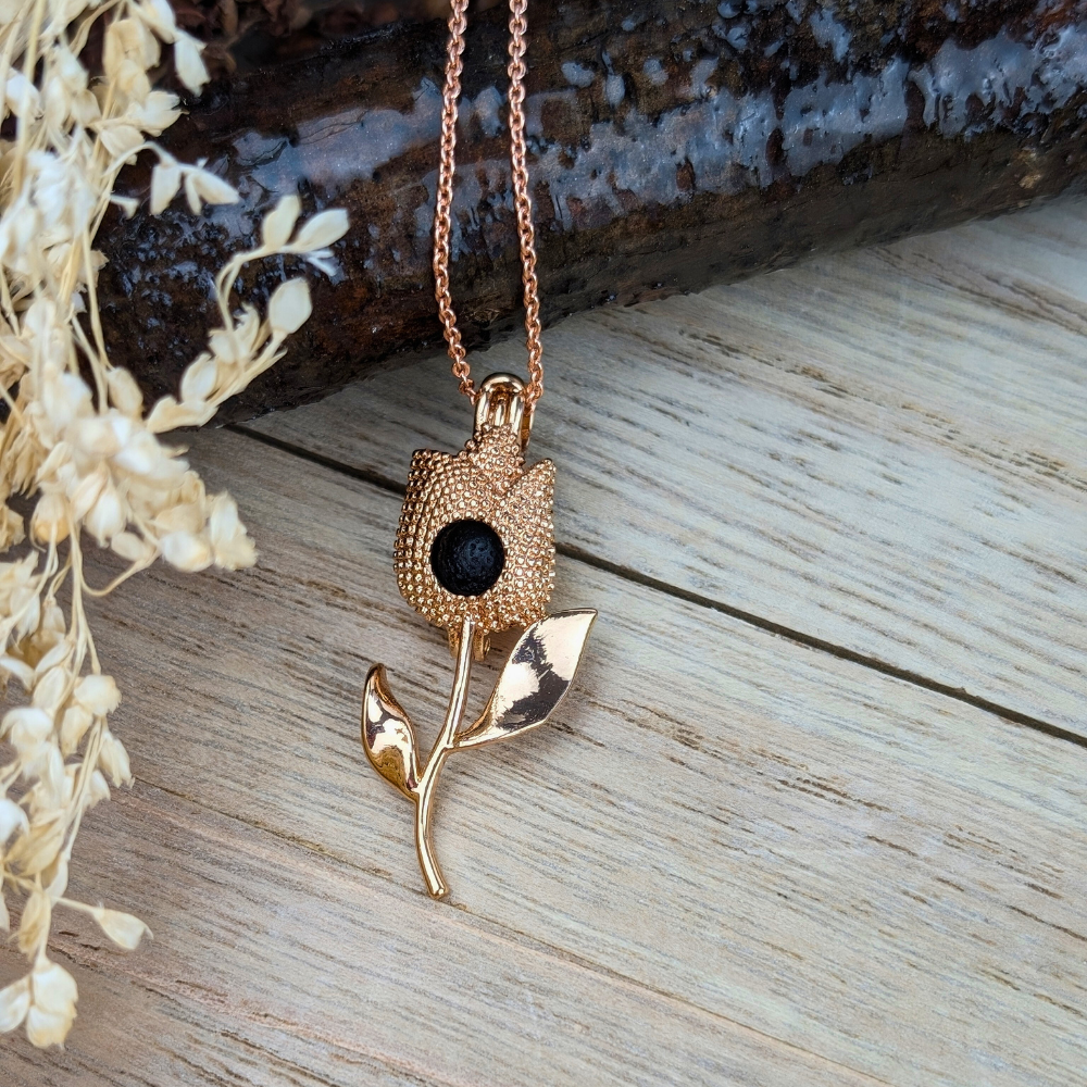 Rose Gold Aromatherapy Diffuser Necklace with lava stone pendant