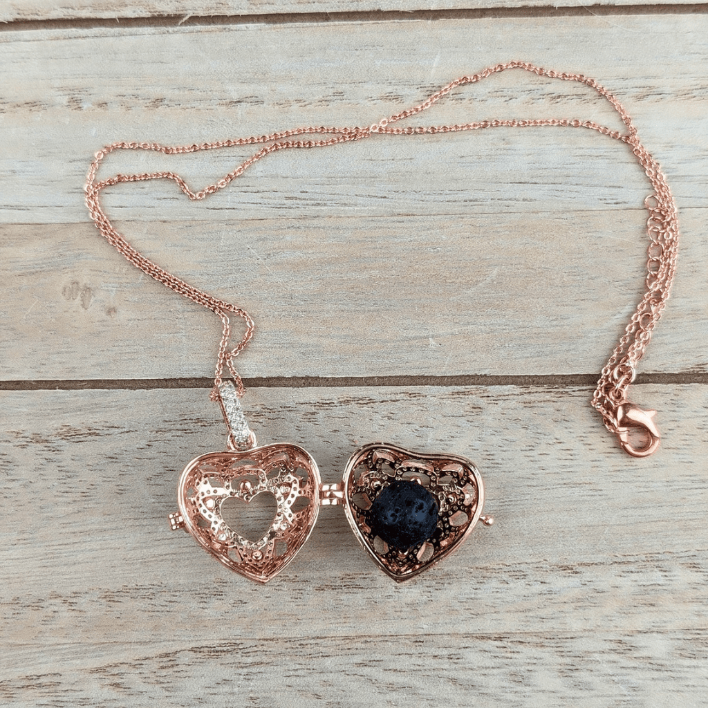 Rose Gold Heart Diffuser Locket with black lava stone for essential oils