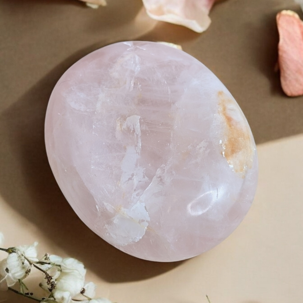 Rose Quartz Crystal for Love on a soft beige background.