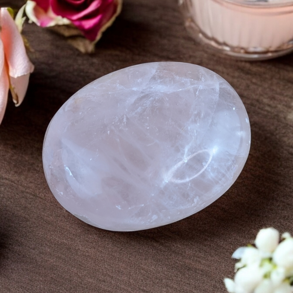 Rose Quartz Crystal paired with rainbow moonstone crystals.