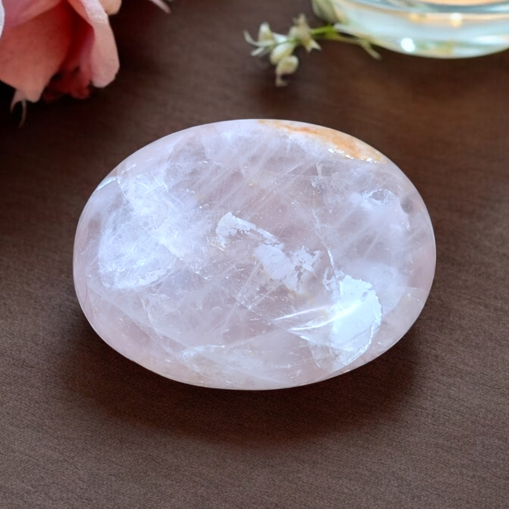 Soft pink Rose Quartz Crystal for meditation and affirmations.