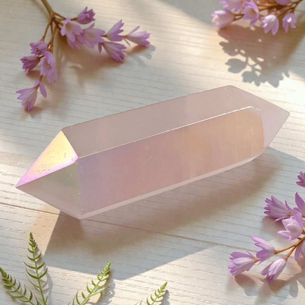 Heart chakra crystals like Rose Quartz crystal point available at zen collection crystal stores in Barrie